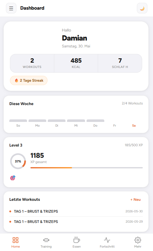 BrightFitness Dashboard – Tagesstatistiken, Streak, Wochenübersicht und XP-Level